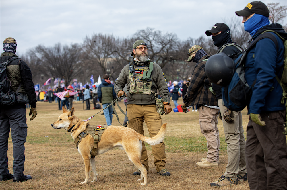 Capital Hill protestors, man in camouflage vest with service dog center.